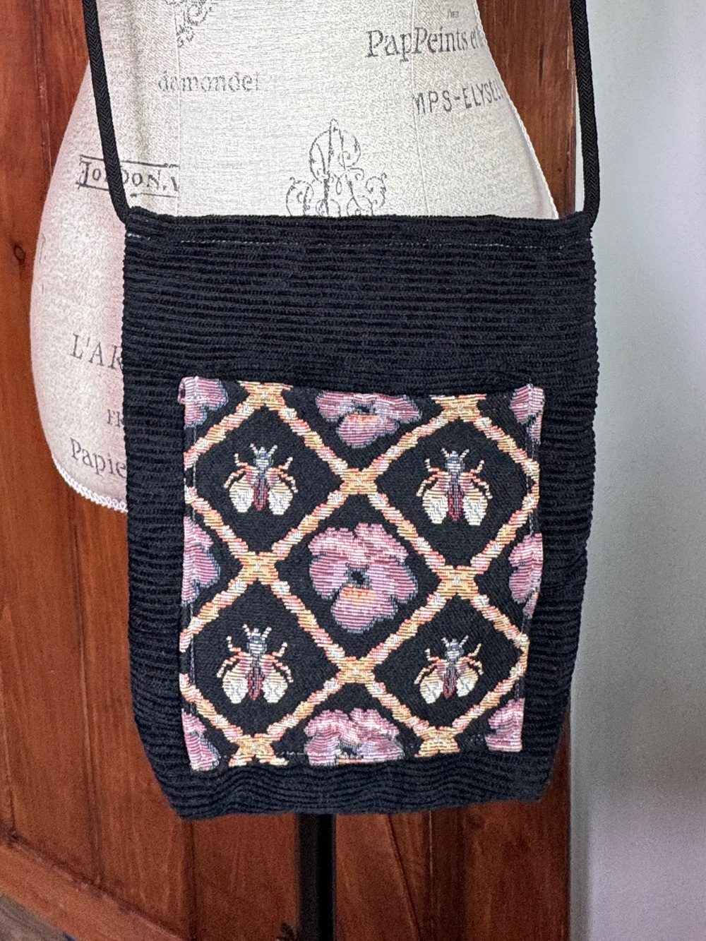 Vintage Black Crossbody with Pink Floral & Bee Tapestry Pocket